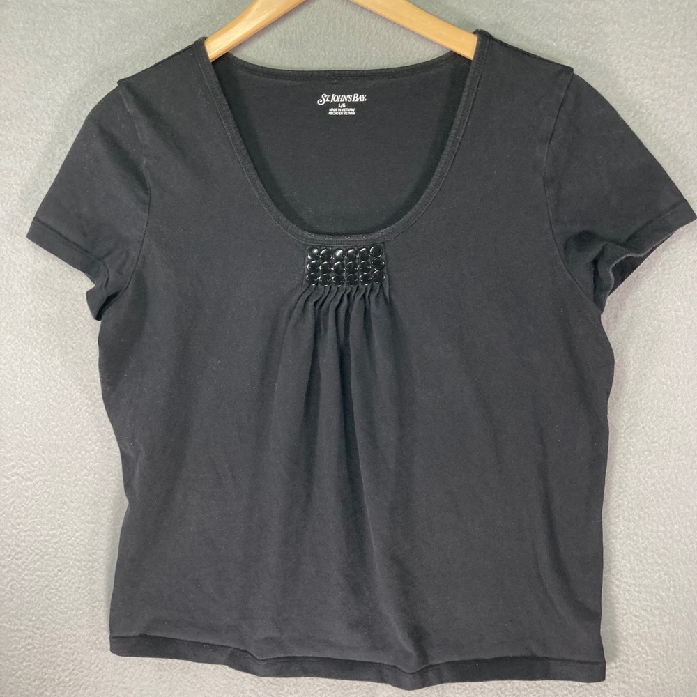 St Johns Bay‎ Womens Large Black Short Sleeve Top Beaded Scoop Neck